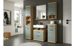 Badmöbel-Set SCHLOONSEE, 5 teilig, bestehend aus: Hochschrank, WBU, Spiegel, Unterschrank, Hängeschrank Schloonsee | Eiche Artisan (Nachbildung), Salbeigrün