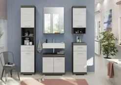 Badmöbel-Set SCHLOONSEE, 5 teilig, bestehend aus: Hochschrank, WBU, Spiegel, Unterschrank, Hängeschrank Schloonsee | Weiß, hochglanz