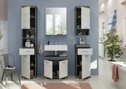 Badmöbel-Set SCHLOONSEE, 5 teilig, bestehend aus: Hochschrank, WBU, Spiegel, Unterschrank, Hängeschrank Schloonsee | Weiß, hochglanz