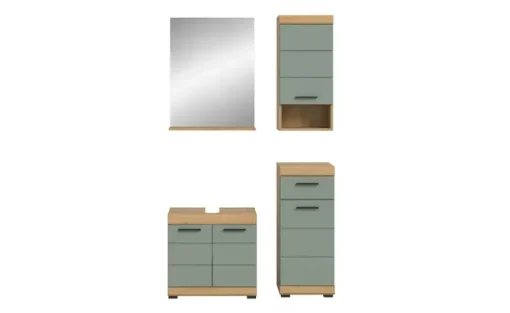 Badmöbel-Set SCHLOONSEE, 4 teilig, bestehend aus: Waschbeckenunterschrank, Spiegel, Unterschrank, Hängeschrank Schloonsee | Eiche Artisan (Nachbildung), Salbeigrün