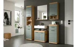 Badmöbel-Set SCHLOONSEE, 4 teilig, bestehend aus: Waschbeckenunterschrank, Spiegel, Unterschrank, Hängeschrank Schloonsee | Eiche Artisan (Nachbildung), Salbeigrün