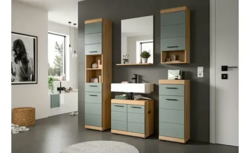 Badmöbel-Set SCHLOONSEE, 4 teilig, bestehend aus: Waschbeckenunterschrank, Spiegel, Unterschrank, Hängeschrank Schloonsee | Eiche Artisan (Nachbildung), Salbeigrün