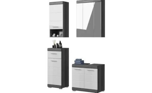 Badmöbel-Set SCHLOONSEE, 4 teilig, bestehend aus: Waschbeckenunterschrank, Spiegelschrank, Unterschrank, Hängeschrank Schloonsee | Weiß, hochglanz