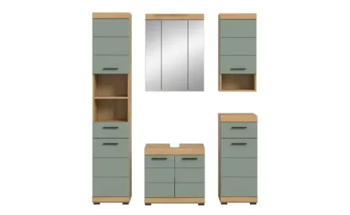 Badmöbel-Set SCHLOONSEE, 5 teilig, bestehend aus: Hochschrank, WBU, Spiegelschrank, Unterschrank, Hängeschrank Schloonsee | Eiche Artisan (Nachbildung), Salbeigrün