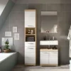 Badmöbel-Set SCHLOONSEE, 3 teilig, bestehend aus: Hochschrank, Waschbeckenunterschrank, Spiegel Schloonsee | Eiche Sonoma (Nachbildung), Weiß, hochglanz
