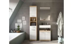 Badmöbel-Set SCHLOONSEE, 3 teilig, bestehend aus: Hochschrank, Waschbeckenunterschrank, Spiegel Schloonsee | Eiche Sonoma (Nachbildung), Weiß, hochglanz
