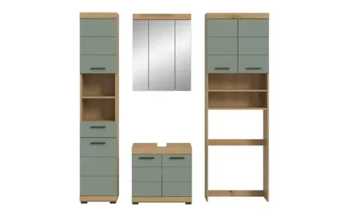 Badmöbel-Set SCHLOONSEE, 4 teilig, bestehend aus: Hochschrank, WBU, Spiegelschrank, Waschmaschinenumbauschrank Schloonsee | Eiche Artisan (Nachbildung), Salbeigrün