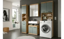 Badmöbel-Set SCHLOONSEE, 4 teilig, bestehend aus: Hochschrank, WBU, Spiegelschrank, Waschmaschinenumbauschrank Schloonsee | Eiche Artisan (Nachbildung), Salbeigrün