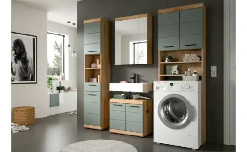 Badmöbel-Set SCHLOONSEE, 4 teilig, bestehend aus: Hochschrank, WBU, Spiegelschrank, Waschmaschinenumbauschrank Schloonsee | Eiche Artisan (Nachbildung), Salbeigrün