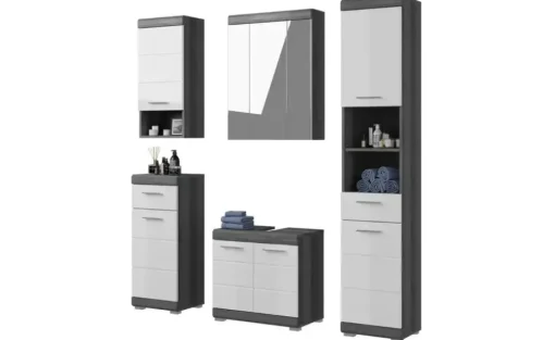 Badmöbel-Set SCHLOONSEE, 5 teilig, bestehend aus: Hochschrank, WBU, Spiegelschrank, Unterschrank, Hängeschrank Schloonsee | Weiß, hochglanz