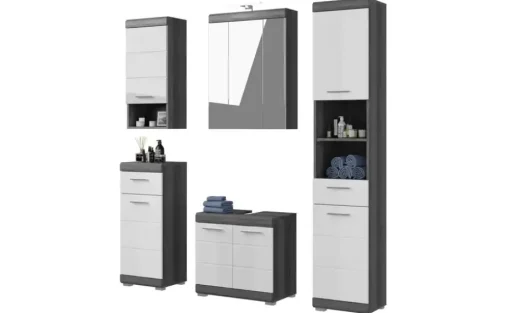 Badmöbel-Set SCHLOONSEE, 5 teilig, inklusive LED Beleuchtung, bestehend aus: Hochschrank, WBU, Spiegelschrank, Unterschrank, Hängeschrank Schloonsee | hochglanz