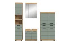 Badmöbel-Set SCHLOONSEE, 4 teilig, bestehend aus: Hochschrank, Waschbeckenunterschrank, Spiegelschrank, Midischrank Schloonsee | Eiche Artisan (Nachbildung), Salbeigrün