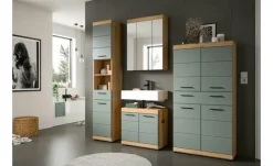 Badmöbel-Set SCHLOONSEE, 4 teilig, bestehend aus: Hochschrank, Waschbeckenunterschrank, Spiegelschrank, Midischrank Schloonsee | Eiche Artisan (Nachbildung), Salbeigrün