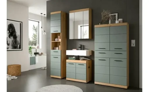 Badmöbel-Set SCHLOONSEE, 4 teilig, bestehend aus: Hochschrank, Waschbeckenunterschrank, Spiegelschrank, Midischrank Schloonsee | Eiche Artisan (Nachbildung), Salbeigrün
