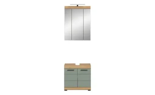 Badmöbel-Set SCHLOONSEE, 2 teilig, inklusive LED Beleuchtung, bestehend aus: Waschbeckenunterschrank, Spiegelschrank, LED Badaufsatzleuchte Schloonsee | Eiche Artisan (Nachbildung), Salbeigrün