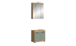 Badmöbel-Set SCHLOONSEE, 2 teilig, inklusive LED Beleuchtung, bestehend aus: Waschbeckenunterschrank, Spiegelschrank, LED Badaufsatzleuchte Schloonsee | Eiche Artisan (Nachbildung), Salbeigrün
