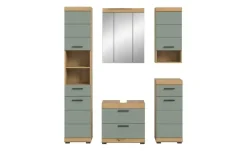 Badmöbel-Set SCHLOONSEE, 5 teilig, bestehend aus:  Hochschrank, WBU, Spiegelschrank, Unterschrank, Hängeschrank Schloonsee | Eiche Artisan (Nachbildung), Salbeigrün