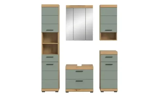 Badmöbel-Set SCHLOONSEE, 5 teilig, bestehend aus:  Hochschrank, WBU, Spiegelschrank, Unterschrank, Hängeschrank Schloonsee | Eiche Artisan (Nachbildung), Salbeigrün