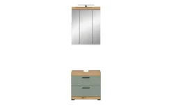 Badmöbel-Set SCHLOONSEE, 2 teilig, inklusive LED Beleuchtung, bestehend aus: Waschbeckenunterschrank, Spiegelschrank, LED Badaufsatzleuchte Schloonsee | Eiche Artisan (Nachbildung), Salbeigrün