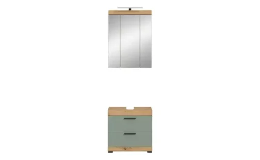Badmöbel-Set SCHLOONSEE, 2 teilig, inklusive LED Beleuchtung, bestehend aus: Waschbeckenunterschrank, Spiegelschrank, LED Badaufsatzleuchte Schloonsee | Eiche Artisan (Nachbildung), Salbeigrün