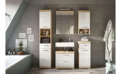 Badmöbel-Set SCHLOONSEE, 5 teilig, inklusive LED Beleuchtung, bestehend aus: Hochschrank, WBU, Spiegelschrank, Unterschrank, Hängeschrank Schloonsee | Eiche Sonoma (Nachbildung), Weiß, hochglanz