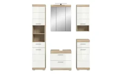 Badmöbel-Set SCHLOONSEE, 5 teilig, inklusive LED Beleuchtung, bestehend aus: Hochschrank, WBU, Spiegelschrank, Unterschrank, Hängeschrank Schloonsee | Eiche Sonoma (Nachbildung), Weiß, hochglanz