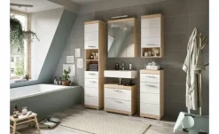 Badmöbel-Set SCHLOONSEE, 5 teilig, inklusive LED Beleuchtung, bestehend aus: Hochschrank, WBU, Spiegelschrank, Unterschrank, Hängeschrank Schloonsee | Eiche Sonoma (Nachbildung), Weiß, hochglanz