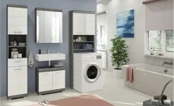 Badmöbel-Set SCHLOONSEE, 4 teilig, bestehend aus: Hochschrank, WBU, Spiegelschrank, Waschmaschinenumbauschrank Schloonsee | Weiß, hochglanz