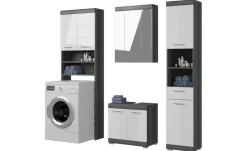 Badmöbel-Set SCHLOONSEE, 4 teilig, bestehend aus: Hochschrank, WBU, Spiegelschrank, Waschmaschinenumbauschrank Schloonsee | Weiß, hochglanz