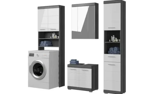Badmöbel-Set SCHLOONSEE, 4 teilig, bestehend aus: Hochschrank, WBU, Spiegelschrank, Waschmaschinenumbauschrank Schloonsee | Weiß, hochglanz