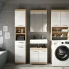 Badmöbel-Set SCHLOONSEE, 4 teilig, bestehend aus: Hochschrank, WBU, Spiegelschrank, Waschmaschinenumbauschrank Schloonsee | Eiche Sonoma (Nachbildung), Weiß, hochglanz