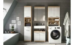 Badmöbel-Set SCHLOONSEE, 4 teilig, bestehend aus: Hochschrank, WBU, Spiegelschrank, Waschmaschinenumbauschrank Schloonsee | Eiche Sonoma (Nachbildung), Weiß, hochglanz