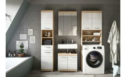 Badmöbel-Set SCHLOONSEE, 4 teilig, bestehend aus: Hochschrank, WBU, Spiegelschrank, Waschmaschinenumbauschrank Schloonsee | Eiche Sonoma (Nachbildung), Weiß, hochglanz