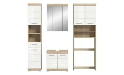 Badmöbel-Set SCHLOONSEE, 4 teilig, bestehend aus: Hochschrank, WBU, Spiegelschrank, Waschmaschinenumbauschrank Schloonsee | Eiche Sonoma (Nachbildung), Weiß, hochglanz