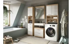Badmöbel-Set SCHLOONSEE, 4 teilig, bestehend aus: Hochschrank, WBU, Spiegelschrank, Waschmaschinenumbauschrank Schloonsee | Eiche Sonoma (Nachbildung), Weiß, hochglanz