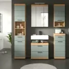 Badmöbel-Set SCHLOONSEE, 5 teilig, inklusive LED Beleuchtung, bestehend aus: Hochschrank, WBU, Spiegelschrank, Unterschrank, Hängeschrank Schloonsee | Eiche Artisan (Nachbildung), Salbeigrün
