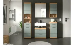 Badmöbel-Set SCHLOONSEE, 5 teilig, inklusive LED Beleuchtung, bestehend aus: Hochschrank, WBU, Spiegelschrank, Unterschrank, Hängeschrank Schloonsee | Eiche Artisan (Nachbildung), Salbeigrün