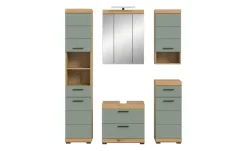 Badmöbel-Set SCHLOONSEE, 5 teilig, inklusive LED Beleuchtung, bestehend aus: Hochschrank, WBU, Spiegelschrank, Unterschrank, Hängeschrank Schloonsee | Eiche Artisan (Nachbildung), Salbeigrün