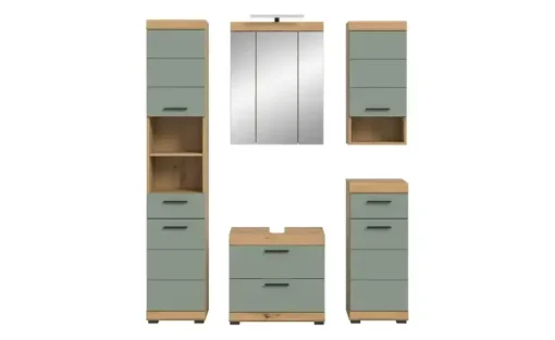 Badmöbel-Set SCHLOONSEE, 5 teilig, inklusive LED Beleuchtung, bestehend aus: Hochschrank, WBU, Spiegelschrank, Unterschrank, Hängeschrank Schloonsee | Eiche Artisan (Nachbildung), Salbeigrün