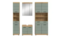 Badmöbel-Set SCHLOONSEE, 4 teilig, bestehend aus: Hochschrank schmal, WBU, Spiegelschrank, Hochschrank breit Schloonsee | Eiche Artisan (Nachbildung), Salbeigrün