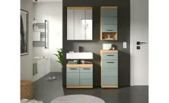 Badmöbel-Set SCHLOONSEE, 4 teilig, bestehend aus: Waschbeckenunterschrank, Spiegelschrank, Unterschrank, Hängeschrank Schloonsee | Eiche Artisan (Nachbildung), Salbeigrün