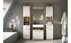 Badmöbel-Set SCHLOONSEE, 5 teilig, bestehend aus: Hochschrank, WBU, Spiegel, Unterschrank, Hängeschrank Schloonsee | Eiche Sonoma (Nachbildung), Weiß, hochglanz