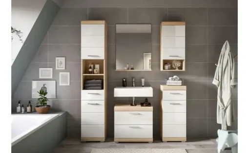 Badmöbel-Set SCHLOONSEE, 5 teilig, bestehend aus: Hochschrank, WBU, Spiegel, Unterschrank, Hängeschrank Schloonsee | Eiche Sonoma (Nachbildung), Weiß, hochglanz