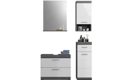 Badmöbel-Set SCHLOONSEE, 4 teilig, bestehend aus: Waschbeckenunterschrank, Spiegel, Unterschrank, Hängeschrank Schloonsee | Weiß, hochglanz