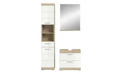 Badmöbel-Set SCHLOONSEE, 3 teilig, bestehend aus: Hochschrank, Waschbeckenunterschrank, Spiegel Schloonsee | Eiche Sonoma (Nachbildung), Weiß, hochglanz