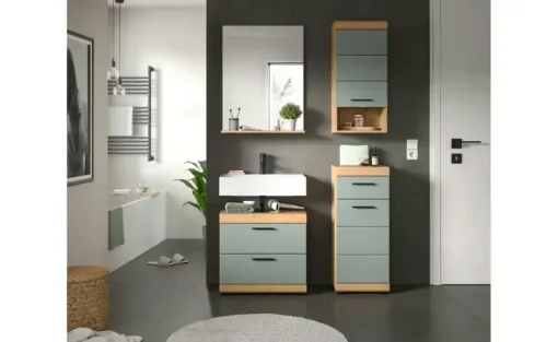 Badmöbel-Set SCHLOONSEE, 4 teilig, bestehend aus: Waschbeckenunterschrank, Spiegel, Unterschrank, Hängeschrank Schloonsee | Eiche Artisan (Nachbildung), Salbeigrün