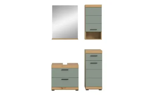 Badmöbel-Set SCHLOONSEE, 4 teilig, bestehend aus: Waschbeckenunterschrank, Spiegel, Unterschrank, Hängeschrank Schloonsee | Eiche Artisan (Nachbildung), Salbeigrün