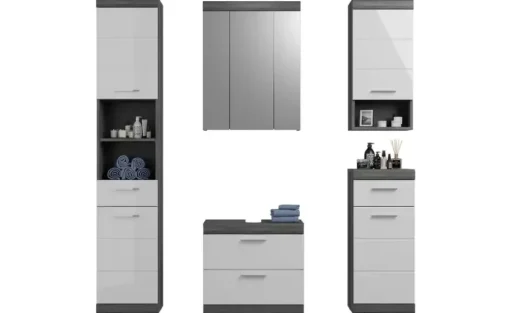 Badmöbel-Set SCHLOONSEE, 5 teilig, bestehend aus:  Hochschrank, WBU, Spiegelschrank, Unterschrank, Hängeschrank Schloonsee | Weiß, hochglanz