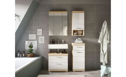 Badmöbel-Set SCHLOONSEE, 4 teilig, bestehend aus: Waschbeckenunterschrank, Spiegelschrank, Unterschrank, Hängeschrank Schloonsee | Eiche Sonoma (Nachbildung), Weiß, hochglanz