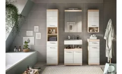 Badmöbel-Set SCHLOONSEE, 5 teilig, inklusive LED Beleuchtung, bestehend aus: Hochschrank, WBU, Spiegelschrank, Unterschrank, Hängeschrank Schloonsee | Eiche Sonoma (Nachbildung), Weiß, hochglanz